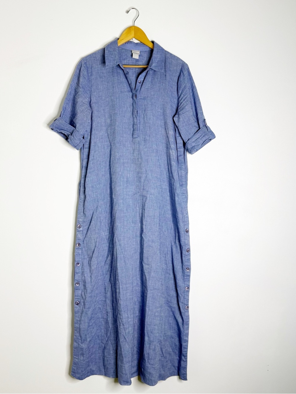 Chico’s 1.5 Blue Linen Blend Maxi Shirt Dress Size US 10 Button Detail
